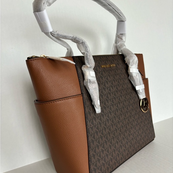 NWT Michael Kors Charlotte Top Zip Tote MK Signature Shoulder Bag Brown - Picture 5 of 15